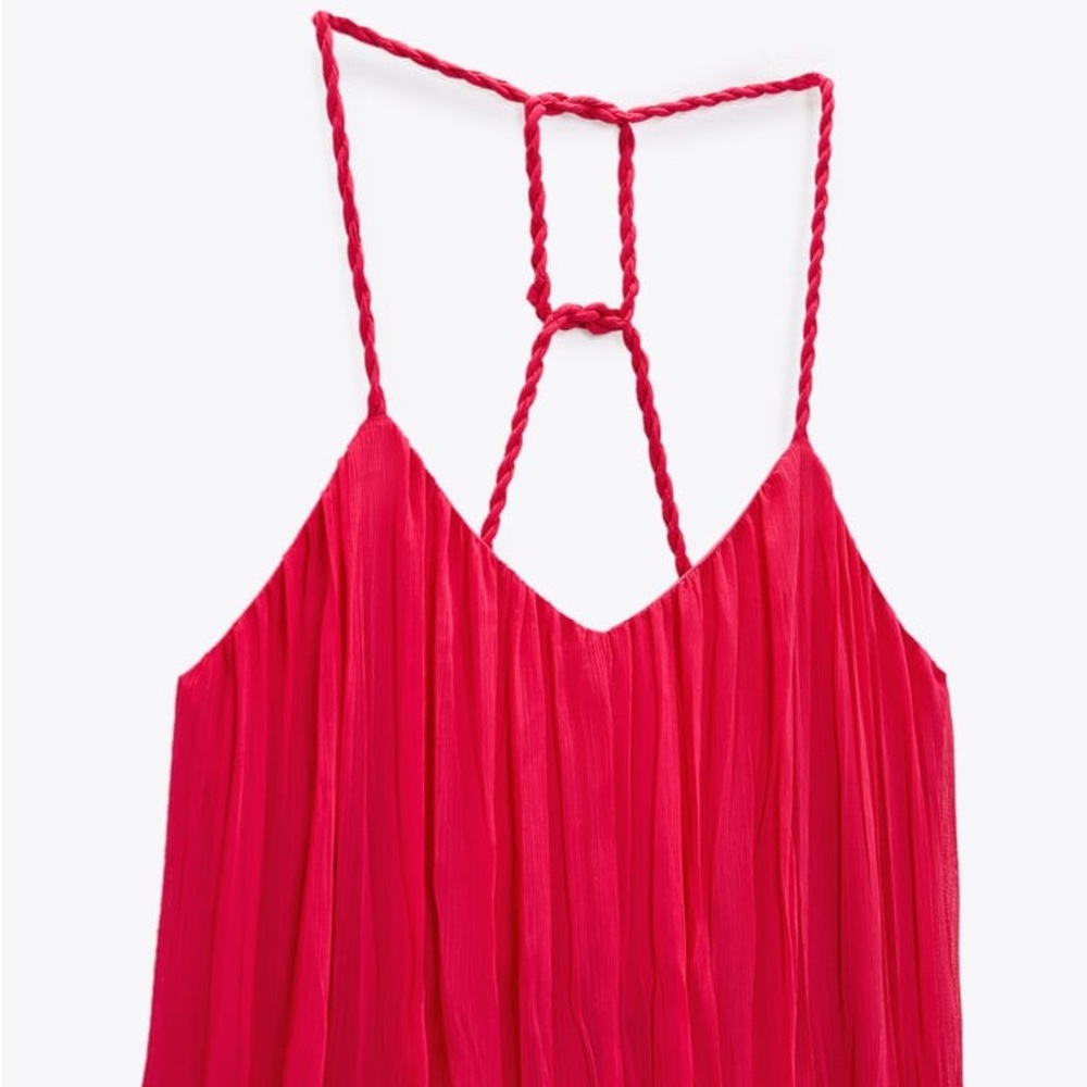 ZARA Fuchsia RIBBED DRESS VOLUMINOUS DRESS WITH BRAIDED STRAPS - Picture 11 of 16